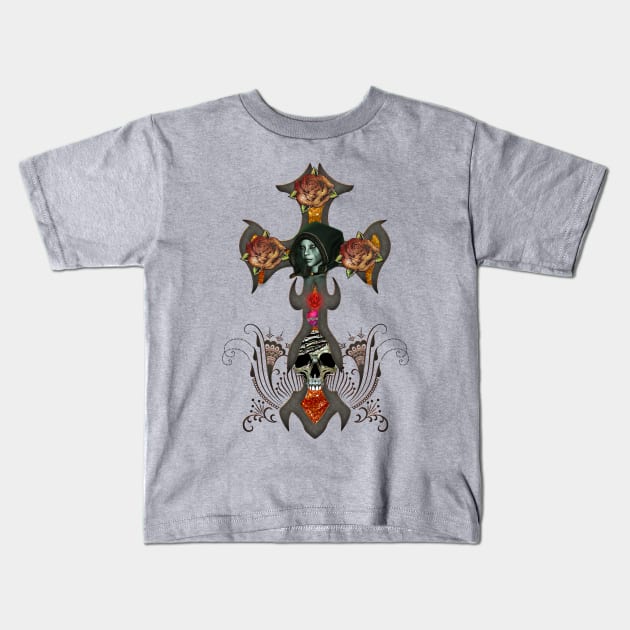 Fantasy cross with skull and roses Kids T-Shirt by Nicky2342
